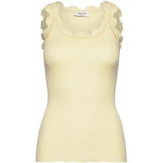 Spitzentop ROSEMUNDE "Babette Silk Top", Damen, Gr. L, gelb (zartgelb), Feinstrick, Obermaterial: 70% Seide, 30% Baumwolle, unifarben, körpernah hüftbedeckend, Rundhals, Tops Spitzentop, Vintage-Spitzenbesatz, mit Rundhalsausschnitt, hoher Seidenanteil