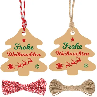G2PLUS Weihnachtsbaum Geschenkanhänger mit Frohe Weihnachten: 6cm Papier Weihnachtsanhänger mit Schnur, 100 Stk Braun Weihnachtliche Etiketten für Geschenkverpackung, Weihnachtsdeko