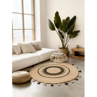 Hanse Home Basil Juteteppich - Natur Wohnzimmereppich Rund aus 100% Jute, Handgewebt mit Fransen, Robust & Pflegeleicht, Boho Naturfaser Teppich für Wohnzimmer, Schlafzimmer - Natur Gold Grün, Ø200cm