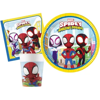 Partygeschirr Party-Set Marvel Spider-Man Spidey and His Amazing Friends für 24 Personen (88 pcs: 24 Pappteller Ø23cm, 24 Becher 200ml, 40 Servietten 33x33cm)