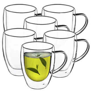 KADAX Doppelwandige Kaffeetassen, 6er Set, 350 ml, Teegläser mit Griff, Teetassen aus Glas, Tassen für Kaffee, Cappuccino, Latte Macchiato, Espresso & Tee, Teeglas