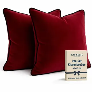 Blau Marité Kissenbezüge 45x45 cm – 2er Set aus weichem Samt – Dekokissen mit kontrastierendem Rand – Bordeaux – Ohne Füllung