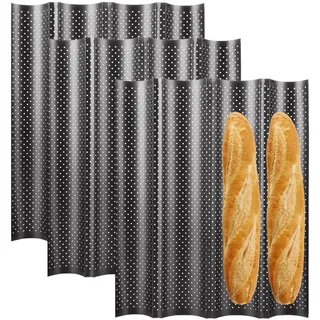 WOPPLXY 3 Stück Baguette Backform mit Antihaftbeschichtung, 38 x 32cm Baguette-Backblech, Schwarz Baguetteblech für 4 Baguettes