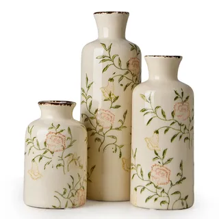 Blumenvase Modern 3er Set - Keramik Vase mit Blumenmuster für Frühlingsdeko - Vasen Set Weiß Grün Rosa für Esstisch & Kommode - Dekovase Landhausstil - Keramikvase für frische Blumen