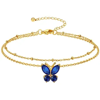 Richsteel Geburtsstein Fußkette für damen Sommer Schmuck Edelstahl Doppelte Fußkettchen Synthetischer Saphir Schmetterling Gold September