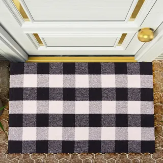 RAJRANG Kleine Reversible Buffalo Plaid Teppich 45 x 71 cm schwarz -weiße Baumwollmatte Eingangsmatte Willkommen Teppich für Wohnkultur