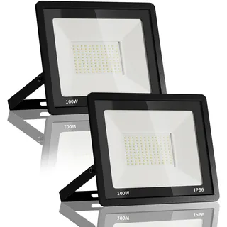 JESLED LED-Außenstrahler, 100 W, superhell, 10.000 lm, LED-Spot für Außen, 6000 K Kaltweiß, IP66 wasserdicht, Solarbetrieb – Ideal für Backyard, Driveway, Garage, Garten【2 Stück】