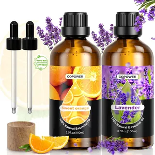 COPOWER Ätherische Öle für Diffuser, 2x100ml Ätherische Öle - 100% Reine Natürliche Unverdünnte Lavendelöl und Orangenöl, Duftöl GeschenkSet für Humidifier, Kerzen, Massage, Schlaf Fördern