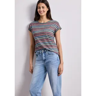 Shirttop STREET ONE, Damen, Gr. 36, bunt (bound grün), Jersey, Obermaterial: 80% Polyester, 20% Viskose, gestreift, bequem normal, Rundhals, Aufschlag, Tops Shirttop, Sommershirt mit überschnittenen Schultern