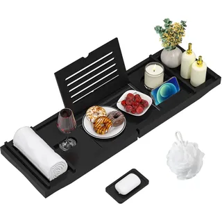 Badewannenablage aus Bambus verstellbares Badewannenbrett Badewannen Ablagen für Ipad und Bücher Badewannentablett mit Getränkehalter, Buchstütze und Weinglas 75-109 * 23 * 4,5cm