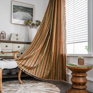 Freyamy Vorhang 180x150cm Boho Bunt Gelb Baumwolle Leinen Landhausstil Vintage Vertikale Streifen Blickdicht Gardinen mit Beige Quasten 2er Set Geometrisch Makramee Verdunklungsvorhänge Bauernhaus