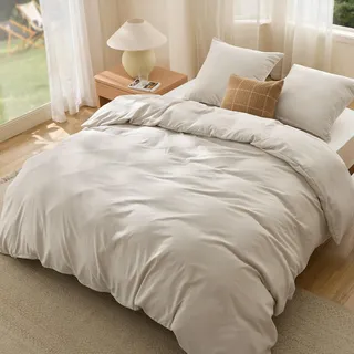 BEDSURE Bettwäsche 200x200 3teilig Leinen - 1 Bettbezug 200x200 cm + 2 Kissenbezüge 65X65 cm, ÖKO-TEX Bettwäsche-Sets Beige Polyester Mikrofaser mit Reißverschluss