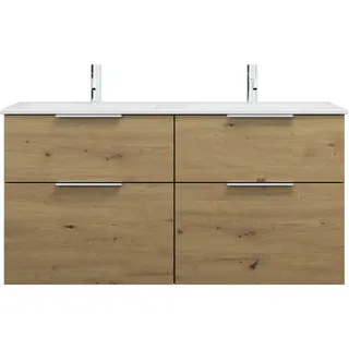 burgbad Eqio Slim Keramik-Doppelwaschtisch inklusive Waschtischunterschrank mit 4 Schubladen, 1220x490x620mm, SHBZ122F5662C0001G0146, Farbe: Eiche Dekor Urban / Eiche Dekor Urban, Griff Chrom G0146