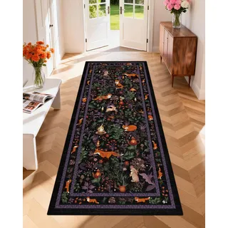 GEANUP Teppich Läufer Flur 80x200 cm, Lila Küchenläufer Waschbar rutschfest, Weicher Schlafzimmer Teppich Läufer, Märchenstil Fuchs Flurläufer für Korridor Waschküche Wohnzimmer Kinderzimmer