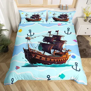 Piratenschiff-Bettbezug, Queen-Size-Größe, Anker, bedruckt, Bettdeckenbezug mit 2 Kissenbezügen, für Teenager, Erwachsene, Kinder, niedliches Fisch-Bettwäsche-Set, nautisches Thema, atmungsaktiv,