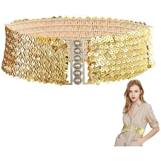 Pailletten Breite Gürtel Damen Metall Schnallen Glänzender Taillengürtel, Damen Breiter Elastischer Taillengürtel Vintage Stretchy Kleid Gürtel, Gold