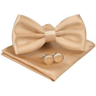 URAQT Fliege Herren, 3-teiliges Klassische Einfarbig Fliegen mit Einstecktuch Manschettenknöpfe für Männer, Smoking Fliege Schleife mit Haken, Schmale Bow Tie für Hochzeit Party (Gold)