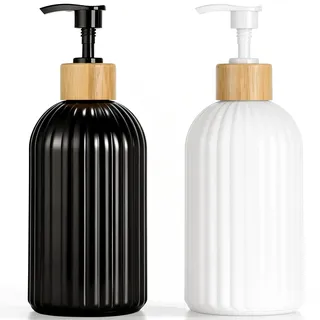 VINATO 2 Stück Glas Seifenspender Set, 400ml Matt Keramik-Optik mit Holz-Akzenten, Manuelle Pumpe, Multifunktional für Bad, Küche & Wohnkultur (Schwarz & Weiß)