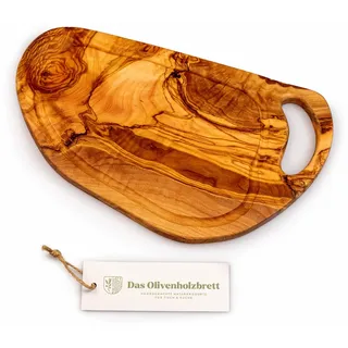 DAS OLIVENHOLZBRETT® / Olivenholz Schneidebrett mit Saftrille/Servierbrett/Steakbrett/Henkel/Naturschnitt- und Form - kann Rinde am Rand haben 30-34cm lang / 15-17cm breit