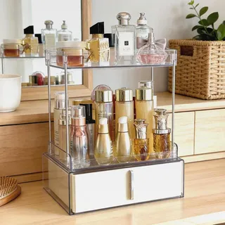 3-stufiger Makeup Organizer mit Schublade – Kosmetik Aufbewahrung, Großer Vanity Organizer für Schminktisch, Badezimmer Aufbewahrung mit Anti-Rutsch Design