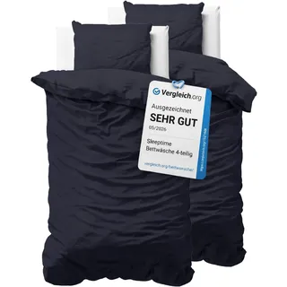 Sleeptime Bettwäsche 4-teilig 100% Baumwolle – atmungsaktiv & hautfreundlich – Oeko-TEX® geprüft, Reißverschluss, pflegeleicht – 2X Bettbezug 135x200 cm + 2X Kissenbezug 80x80 cm – Navy Blau