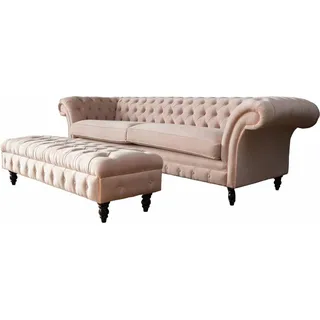 Sofa 4 Sitzer Hocker Couch Polster Chesterfield Sitz Textil Stoff Neu - Rosa