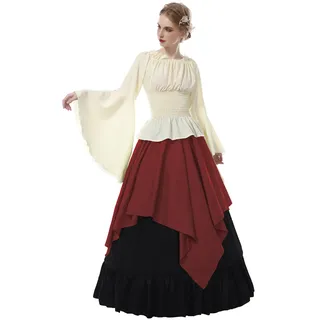 CR ROLECOS Renaissance Kostüm Frauen Mittelalterliches Bauernkleid Trompetenärmel Viktorianisch Ren Faire Hemd und Rock Rot M