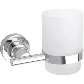 Tesa Zahnputzbecher mit Halterung - Becher aus satiniertem Glas, verchromte Wandhalterung - zur Wandbefestigung ohne Bohren, inkl. Klebelösung - 120mm x 95mm x 100mm