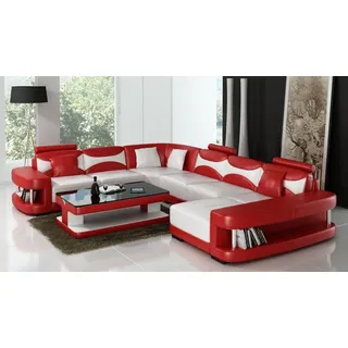 Wohnlandschaft Ecksofa U Form XXL Polster Leder - Rot, Weiß