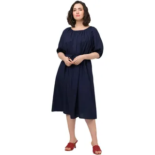 Ulla Popken Damen Midikleid, Bindegürtel, Rundhals, Ballon-halbarm Kleid, Stahlblau, 54-56 EU