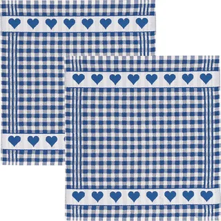 Kracht Frottier-Geschirrtuch 2er-Pack Frottier Baumwolle Jacquard Karo/Herz blau Größe 50x50 cm