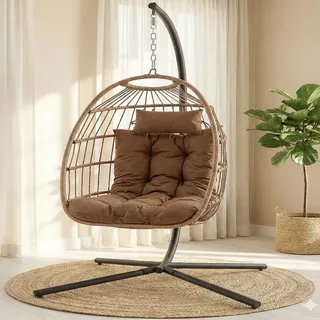 SereneLife Hängesessel mit Gestell 250 kg Braun – Wetterfest Outdoor Egg Chair mit Kissen für Garten Balkon Indoor Lounge Relaxsessel faltbar