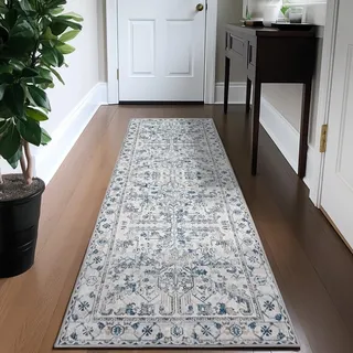 TOPICK Läufer 60x240cm Blau Teppich Vintage Faltbar Dünner Waschbar Teppichläufer Blumendruck Rutschfester Leichter Küche Badezimmer Eingangsmatte