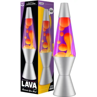 LAVA® - Lampe 2125, gelbes Wachs, lila Flüssigkeit, silberner Sockel und Deckel, Original 14,5 Zoll Bewegungslampe der Marke