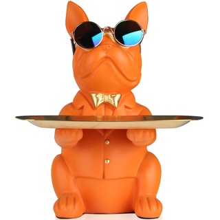 Deko Skulptur Bulldogge, Schlüsselschale Modern Schwarz, Schlüsselablage Flur, Deko Figuren Wohnzimmer, Hundefigur Deko, Französische Bulldogge Aufbewahrung für Flurdeko und Wohnzimmer (Orange)