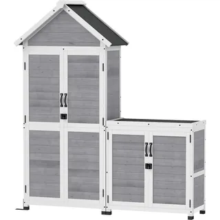 2 in 1 Gartenschrank Holz, Geräteschuppen mit Aufbewahrungsschrank Abschließbar Tür Satteldach Ablage 89x51x182cm, wetterfest Geräteschrank, Gerätehaus für Garten, Terrasse, Hellgrau | - Hellgrau
