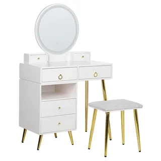 BELIANI Schminktisch Weiß und Gold MDF-Platte mit Metallbeinen Rundem LED-Spiegel 6 Schubladen Hocker Glamour für Schlafzimmer Jugendzimmer - Weiß, Gold, Grau