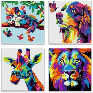 MXJSUA 4er-Pack Malen-Nach-Zahlen-Set Für Kinder Mit Rahmen, Tier-Malen-Nach-Zahlen Für Alter 6-8-12, Katze Hund Giraffe Löwe Muster Auf Leinwand, DIY Acryl-Ölfarben Für Heimwanddekoration 20x20cm