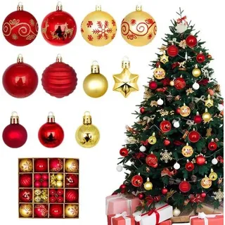 Unyqoos® 44-teiliges Set unzerbrechliche Weihnachtskugeln, Rot & Gold – Kunststoff, wasserfest, für Innen & Außen, vormontierte Aufhängeschlaufen & Aufbewahrungsbox - Bunt