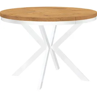 Esstisch rund Ausziehbar, ENDIK Durchmesser: 90/190 cm, mit Ring-Gestell und Metallbeinen, Loft-Stil, Industriel, Farbe: Eiche Lancelot / Weiß - Hellbraun, Weiß