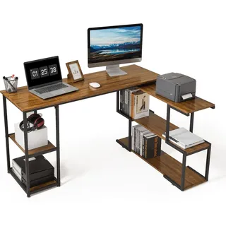 Mondeer Eckschreibtisch mit 360 Grad Drehbarem Bücherregal und 2 Ablagen, Platzsparender für Arbeitszimmer Wohnzimmer 135.5 x 110 x 75.5 cm, Braun