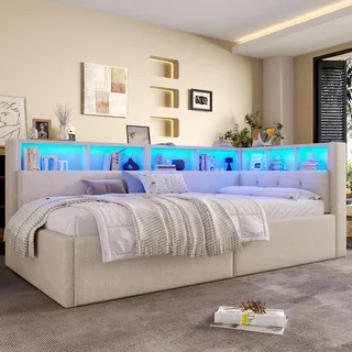 STILVORA Schlafsofa 90×200 mit LED-Beleuchtung&Bettkasten,Tagesbett Daybett mit USB- und Typ-C-Anschlüssen,Jugendbett mit Ablagefach,Ohne Matratze,Beige - Beige