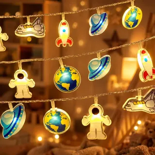 ZingBox Weltall Lichterkette, 1,5 M 10 LED, Batteriebetrieben, Lichterketten Kinderzimmer, Astronaut Raumschiff Lichterkette, LED Warmweiß Acryl Lichterketten für Kinderzimmer, Zelt, Bett, Karneval