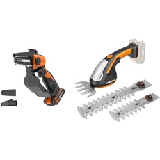 WORX WG324E Akku-Einhand-Astsäge 20V - 12cm Schwertlänge - mit Akku und Ladegerät & WG801E.9 20V Akku-Gras- und Strauchschere WG801E Inklusiv 3 verschiedene Messer, ohne Akku und Ladegerät