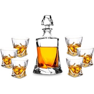 KANARS 7-teiliges Whisky Gläser und Karaffe Set, Bleifrei Kristallgläser, 800 ml Whiskey Dekanter mit 6x 300 ml Gläser, Hochwertig, Schöne Geschenk Box Transparent