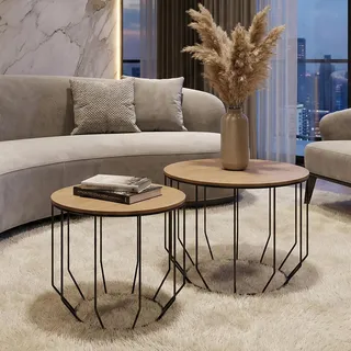 MCA 2er-Set Couchtisch HWC-P58, Beistelltisch Kaffeetisch Loungetisch, Industrial Metall Holz Eiche