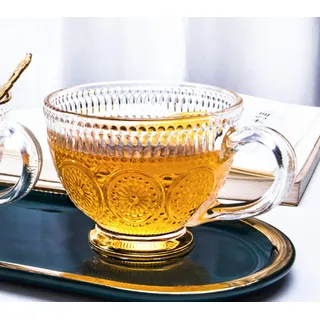 ITODA Glas Kaffee Groß Kaffeeglas Vintage Teetasse Klar Kristallglas Kaffeetasse mit Henkel Frühstücksglas Müsli Glastasse Cappuccino Macchiato Teeglas Tee Trinkglas Latte Dessertglas Joghurt Eis