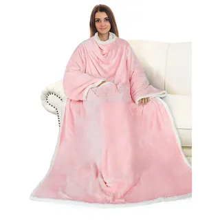 Catalonia Classy Decke mit Ärmeln als Geschenk für Frauen Herren, Flauschig Sherpa Kuscheldecke mit Ärmel, Cozy Ärmeldecke Warm Decke zum Anziehen Erwachsene, 185 x 140 cm Rosa