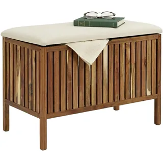 Relaxdays Wäschetruhe mit Sitz, Badbank mit Stauraum, braun/weiß | 80 l Wäschesammler, HBT 56x78x39cm, Akazienholz, Stoff