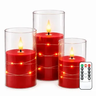 Kiexung LED-Kerzen, batteriebetriebenes Kerzenblinken, eingebautes Sternenlicht-Lichterkettenlicht, unzerbrechliches Plexiglas mit Fernbedienungs-Timer, 3er-Set (rot)